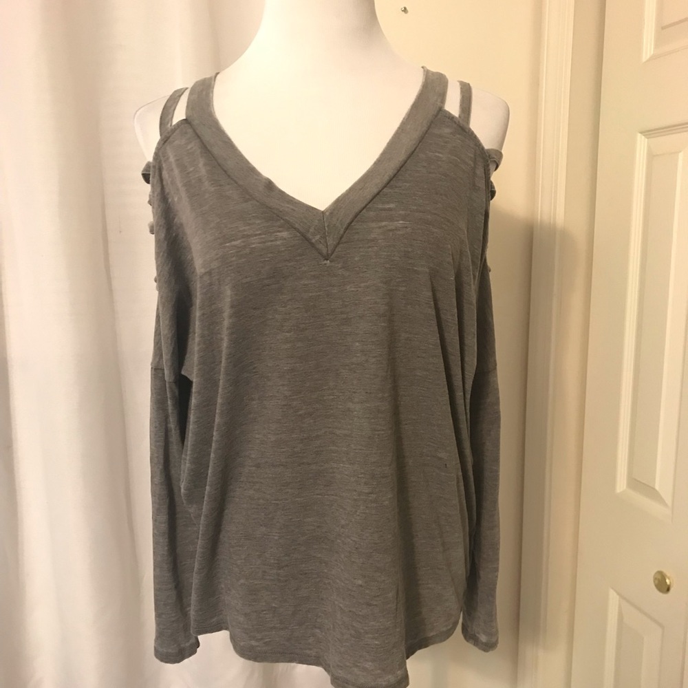 Open Shoulder Burnout V-Neck Shirt